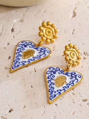 Royal Blue Gold Heart Hamsa Drop Earrings